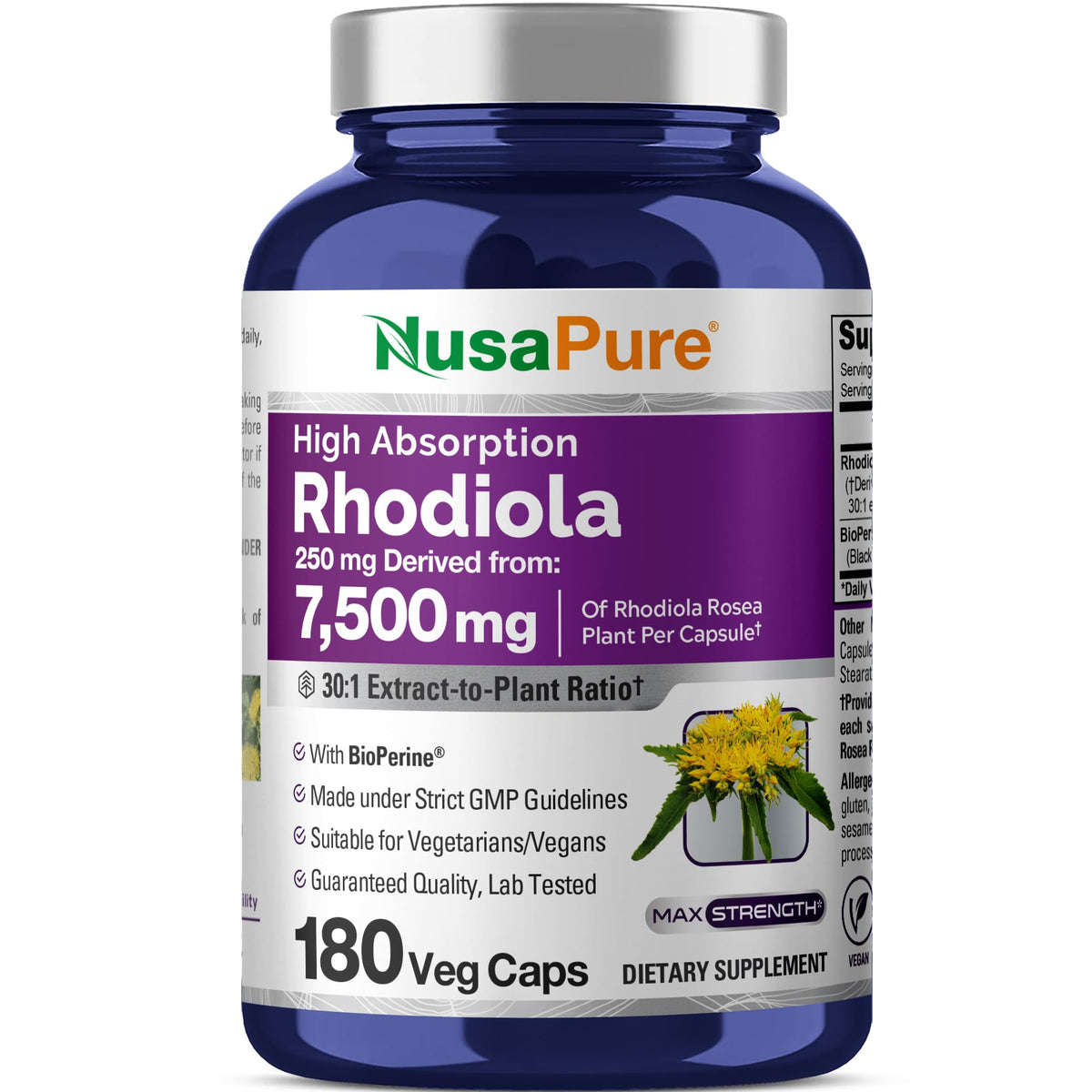 NusaPure Rhodiola Rosea 7,500mg 180 Veggie Capsules (Non-GMO, Extract 30:1, Vegan & Gluten-Free) Bioperine NusaPureBuy Supplements Australia
