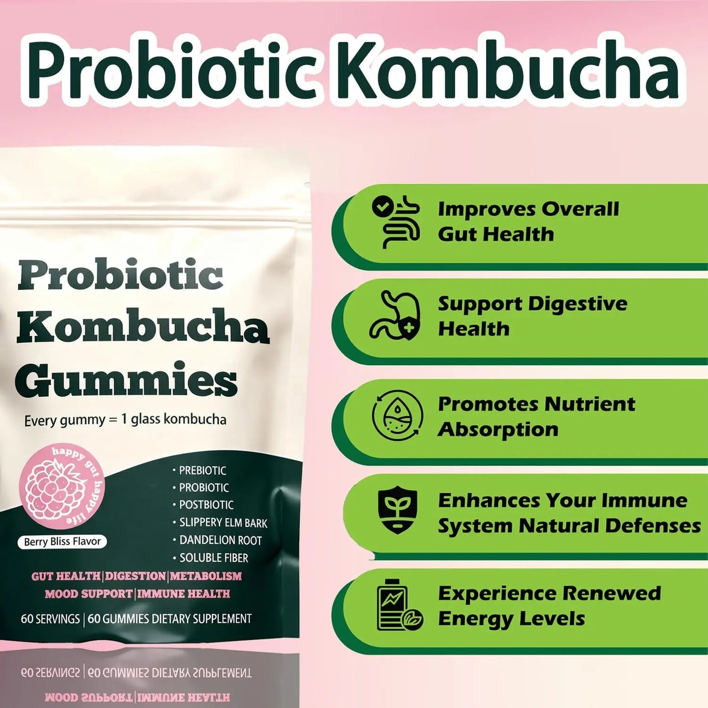 Glo Vous Probiotic Kombucha Gummies – 60 Gummies, with Prebiotics, Postbiotics & Fiber,Includes Slippery Elm, Dandelion Root & MCT Oil,Supports Digestive Health, Bloating Relief & Gut Support Glo VousBuy Supplements Australia