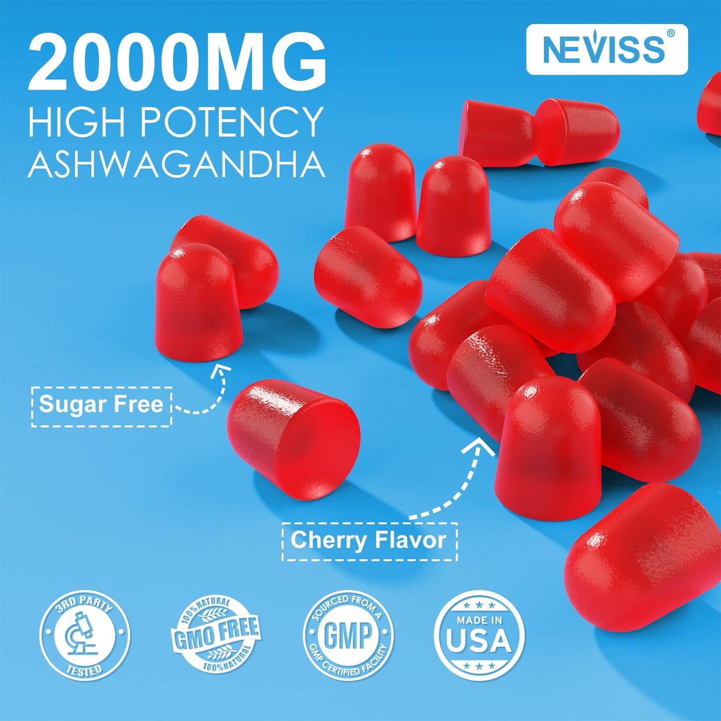 Sugar Free Ashwagandha Gummies - with Magnesium Glycinate, Rhodiola Rosea, Zinc, Lemon Balm, B6 - Relaxation Support, Natural Zzz, Stamina, Energy for Men Women - 60 Counts NEVISSBuy Supplements Australia