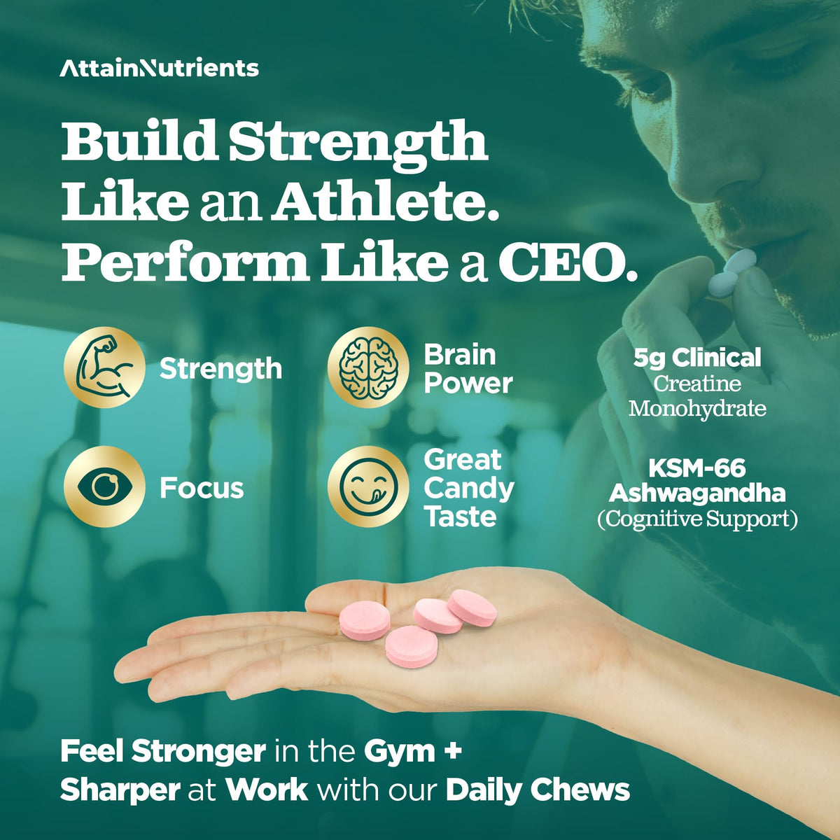 Creatine Chews - 5000mg Creatine Monohydrate Tablets for Men & Women with Ashwagandha KSM-66 - Low Sugar Muscle Support & Cognitive Boost - Gummy Alternative - 120 Count (Strawberry Lemonade) Attain NutrientsBuy Supplements Australia