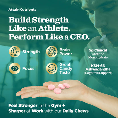 Creatine Chews - 5000mg Creatine Monohydrate Tablets for Men & Women with Ashwagandha KSM-66 - Low Sugar Muscle Support & Cognitive Boost - Gummy Alternative - 120 Count (Strawberry Lemonade) Attain NutrientsBuy Supplements Australia