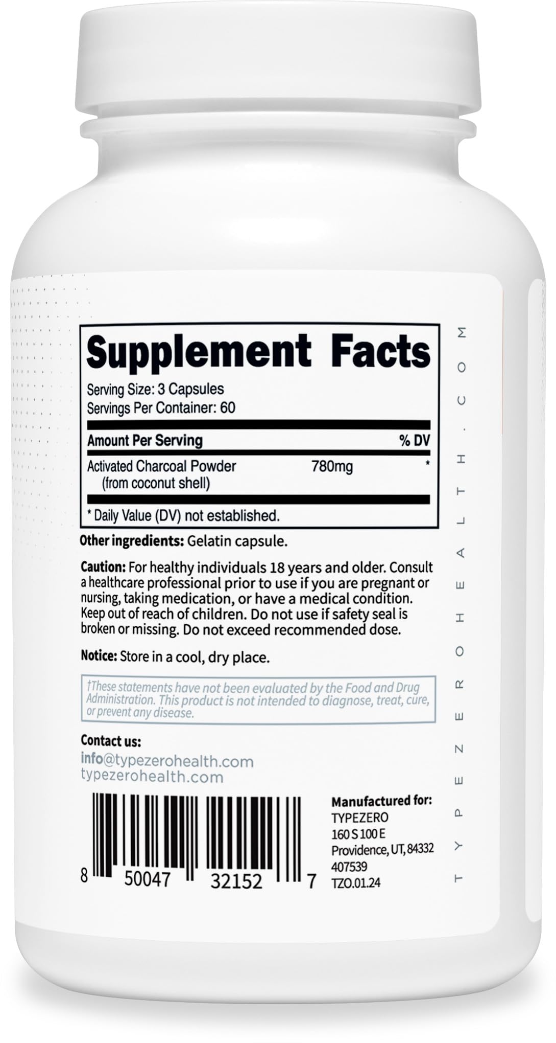 Type Zero Activated Charcoal Capsules (180 Count) - 60 Servings, 780mg Per Serving, from Coconut Shell, Non-GMO, Gluten-Free Type ZeroBuy Supplements Australia