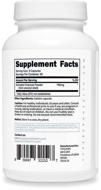 Type Zero Activated Charcoal Capsules (180 Count) - 60 Servings, 780mg Per Serving, from Coconut Shell, Non-GMO, Gluten-Free Type ZeroBuy Supplements Australia