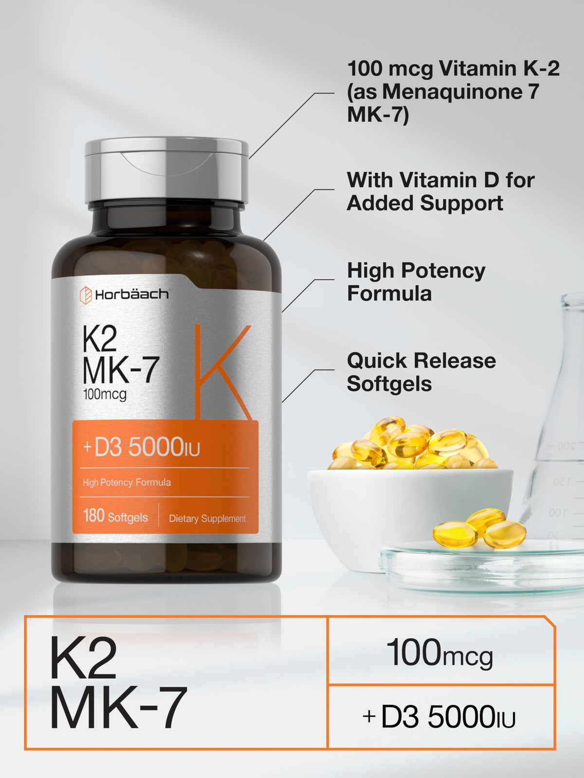 Horbäach Vitamin D3 K2 | 5000iu of Vitamin D & 100mcg MK-7 Complex | 180 Softgel Cap HorbäachBuy Supplements Australia