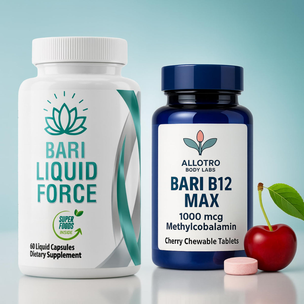 Two supplement bottles, 'Bari Liquid Force' and 'Allotro Bari B12 Max', with a cherry on a light blue background.