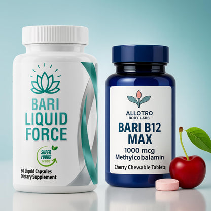 Two supplement bottles, 'Bari Liquid Force' and 'Allotro Bari B12 Max', with a cherry on a light blue background.