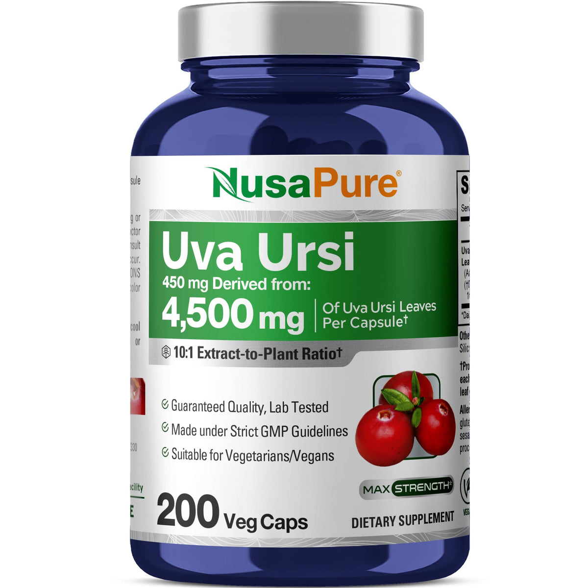 NusaPure Uva Ursi 10:1 Extract, 450 mg Equivalent to 4,500mg 200 Vegetarian caps (Non-GMO, Vegan) Bearberry NusaPureBuy Supplements Australia