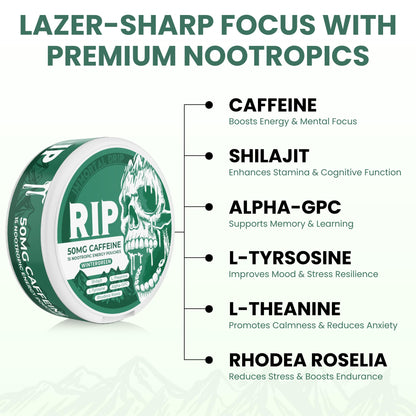 Immortal Drip RIP Nootropic Energy Pouches (Wintergreen) – 5 Cans – 15 Pouches per Can – Clean Energy & Focus Support – 50mg Caffeine, Shilajit, Alpha-GPC, L-Tyrosine, Rhodiola Immortal DripBuy Supplements Australia
