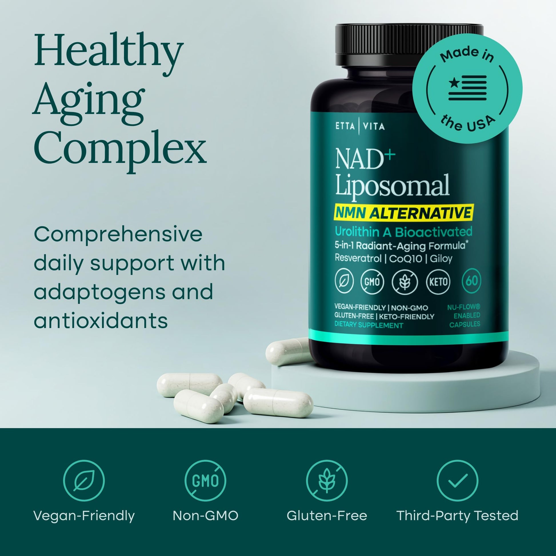 Liposomal NAD+ Supplement - Resveratrol, Urolithin A, CoQ10 & Muira Puama (Made in USA) NAD Supplement for Natural Energy, Brain Fog, Digestion, Detox, Gut Health, Microbiome, NR NMN Replacement Etta VitaBuy Supplements Australia