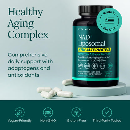 Liposomal NAD+ Supplement - Resveratrol, Urolithin A, CoQ10 & Muira Puama (Made in USA) NAD Supplement for Natural Energy, Brain Fog, Digestion, Detox, Gut Health, Microbiome, NR NMN Replacement Etta VitaBuy Supplements Australia