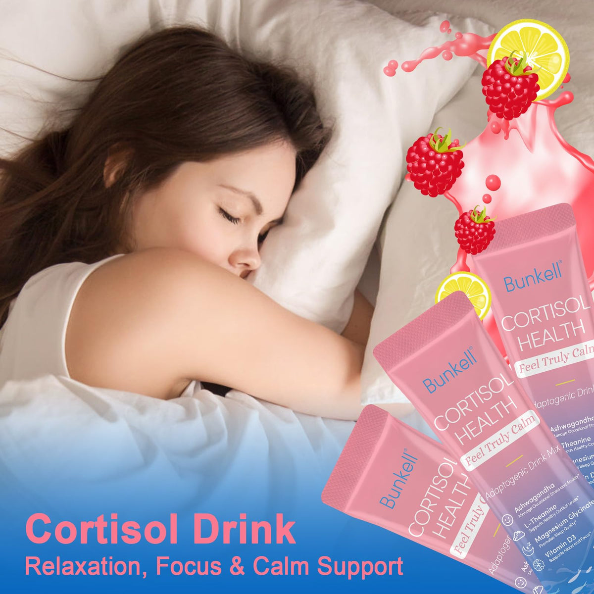 Bunkell Cortisol Powdered Drink Mix, Made with Magnesium Glycinate, L-Theanine, Ashwagandha & Vitamin D3, Cortisol Supplements for Relaxation, Focus & Calm Support, Raspberry Lemonade Flavor, 30 Ct BunkellBuy Supplements Australia