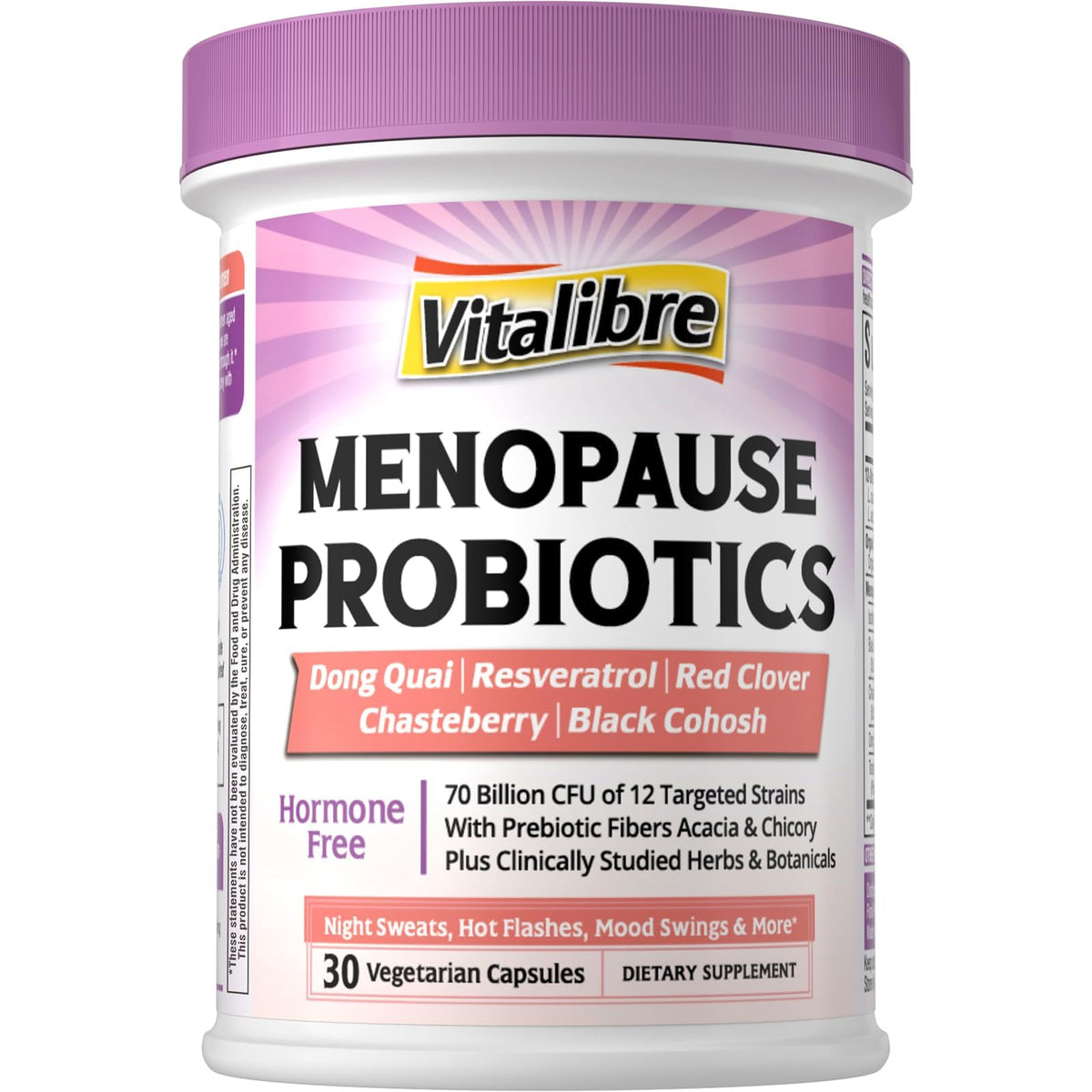 Vitalibre Menopause Probiotics for Women 70 Billion CFU, 12 Targeted Strains, Organic Prebiotics, Black Cohosh Resveratrol Red Clover Chasteberry Dong Quai, Hot Flash Night Sweat+, No Estrogen, 30 Ct VitalibreBuy Supplements Australia