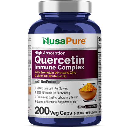 NusaPure Quercetin Complex: Bromelain, Vitamin C, Vitamin D3, Stinging Nettle, Zinc | 200 Veggie Caps (Non-GMO, Bioperine) NusaPureBuy Supplements Australia