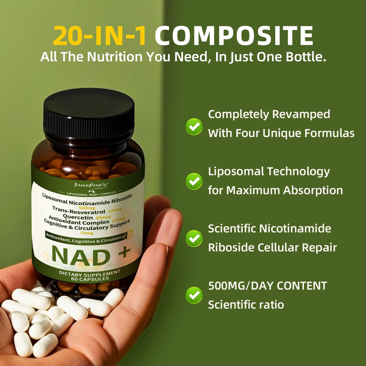 NAD+ Supplement for Women with Resveratrol , 20-in-1 NAD Plus Supplement with Liposomal Nicotinamide Riboside Boost NAD+ Levels for Cell Repair Energy, Antioxidant,Focus - 60 Vegan Capsules GREENPEOPLEBuy Supplements Australia