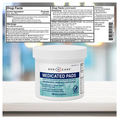 GeriCare Medicated Cooling Pads with Witch Hazel. for Soothing Itch, Discomfort, and Burning, Pre-Moistened Pads Ideal for Sensitive Areas, 100 Count (Pack of 1) GeriCareBuy Supplements Australia