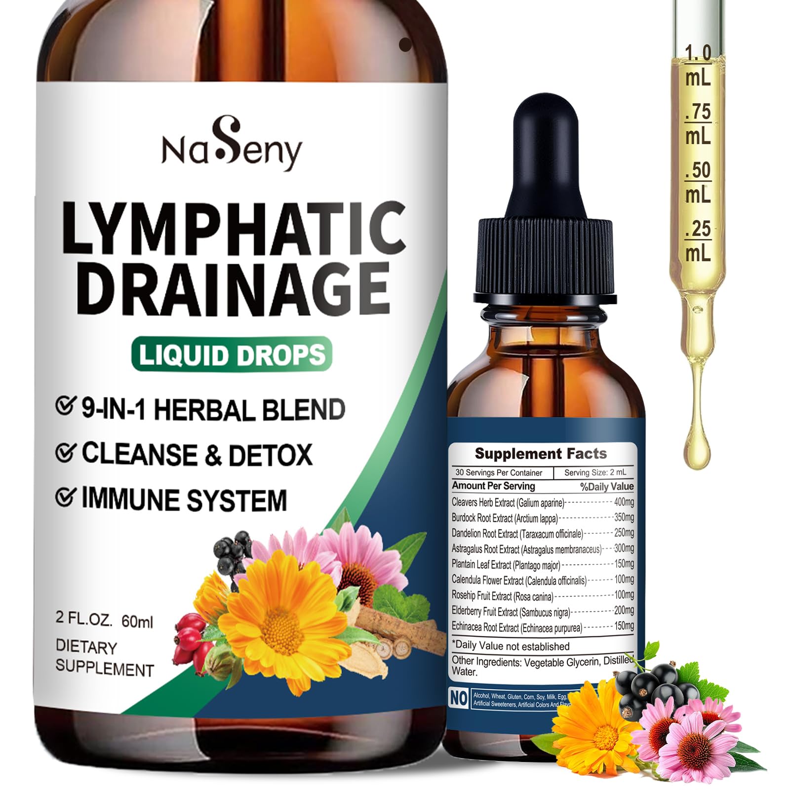 NaSeny Lymphatic Drainage Drops, 9 IN1 Lymphatic Drainage Supplements for Detox & Cleanse, Immune System Support with Echinacea, Elderberry, Dandelion, Arctium Lappa, 2 FL OZ NaSeny buy supplements Au