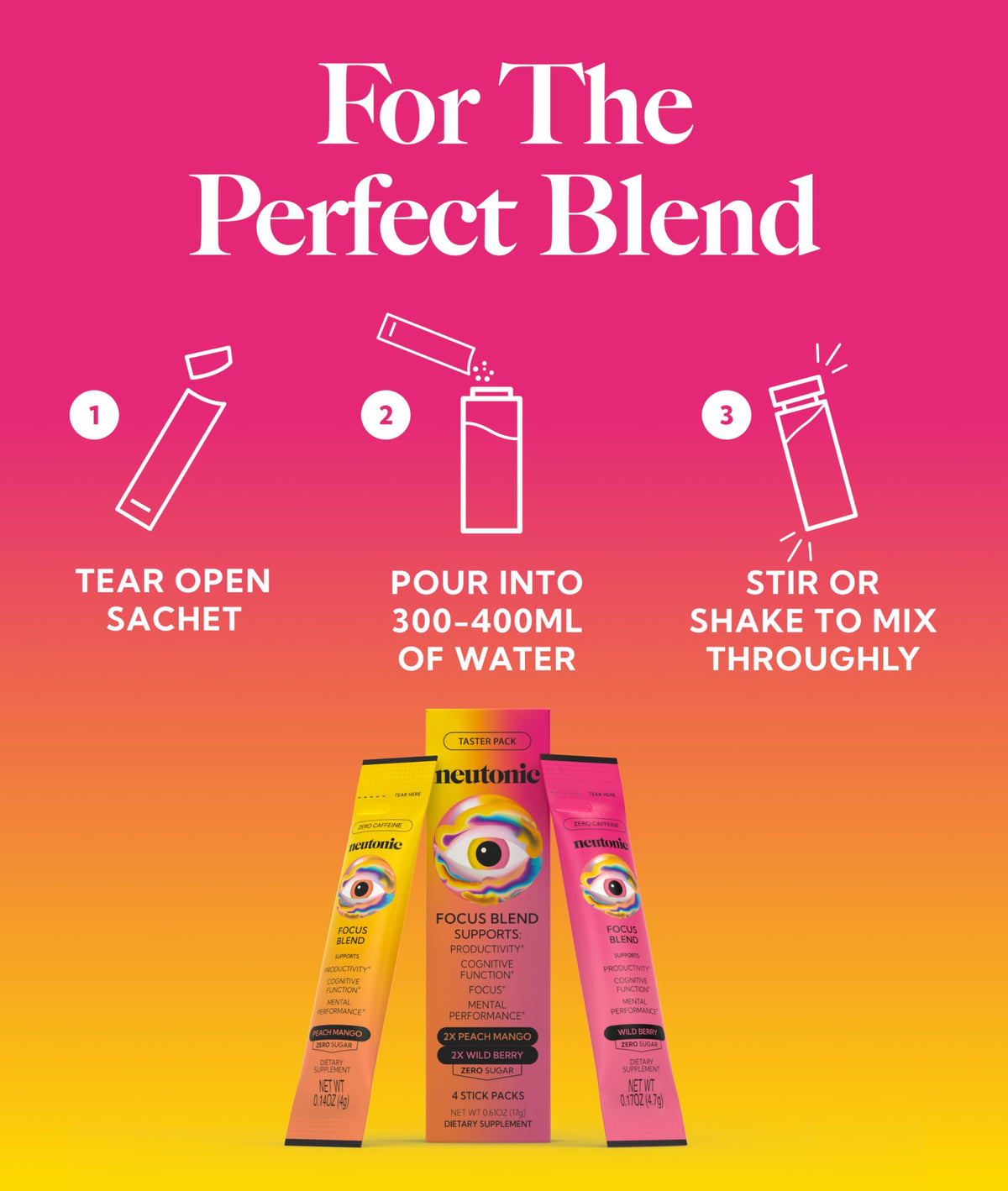 Neutonic Nootropic Focus Blend Powder | Peach Mango & Wild Berry 4 Sticks | Caffeine Free, Zero Sugar | Support Memory, Mental Clarity, Cognitive Function | Boost Focus, Energy, Brain Health NeutonicBuy Supplements Australia