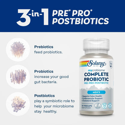 SOLARAY Mycrobiome Complete Probiotic Men's Formula - Pre and Probiotics for Men Plus Postbiotic - Digestive Health and Immune Support - 50 Billion CFU, 26 Strains - Vegan - 30 Servings, 30 VegCaps SOLARAYBuy Supplements Australia
