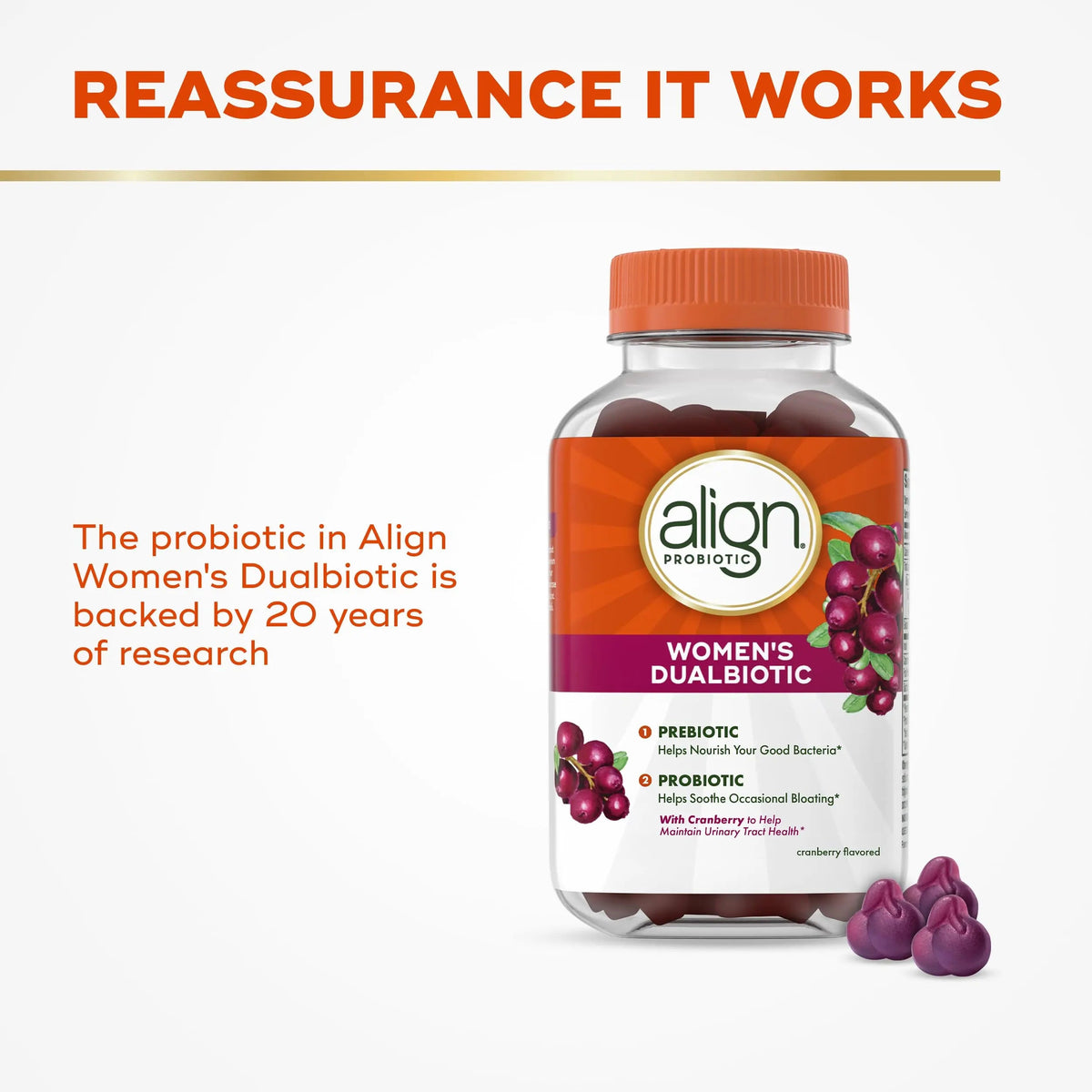 Align Probiotic, Women's Dualbiotic, Womens Probiotic Gummies, Prebiotics and Probiotics for Women, with Cranberry for Urinary Tract Health*, Cranberry Flavor, 90 Gummies AlignBuy Supplements Australia