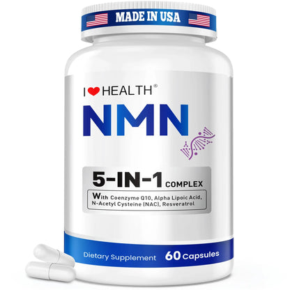 I LOVE HEALTH NMN Supplement, 5-in-1 Complex with NAC, Alpha Lipoic Acid, CoQ10 & Resveratrol - High Absorption Anti Aging Formula - Third Party Tested, cGMP, Gluten Free - 60 Capsules I LOVE HEALTHBuy Supplements Australia