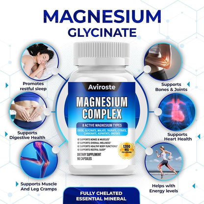 8 in 1 Magnesium Complex Supplement - 8 Elemental 1000mg - Magnesium Glycinate, Citrate, Malate, Taurate - High Absorption,for Muscle, Nerve & Sleep Support - 90 Capsules Aviroste buy supplements Au