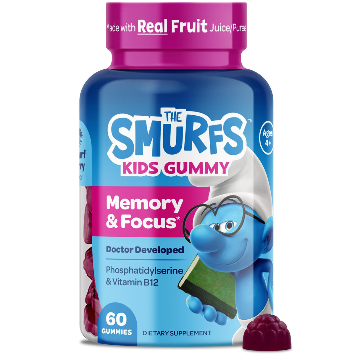 The Smurfs Nootropic Gummies for Kids with Vitamin B12 & L-Theanine | Laser Focus Gummy for Focus and Memory Supplements | Made with Real Fruit in a Smurf Berry | Doctor Developed | 60 Vegan Gummies VITABURSTBuy Supplements Australia