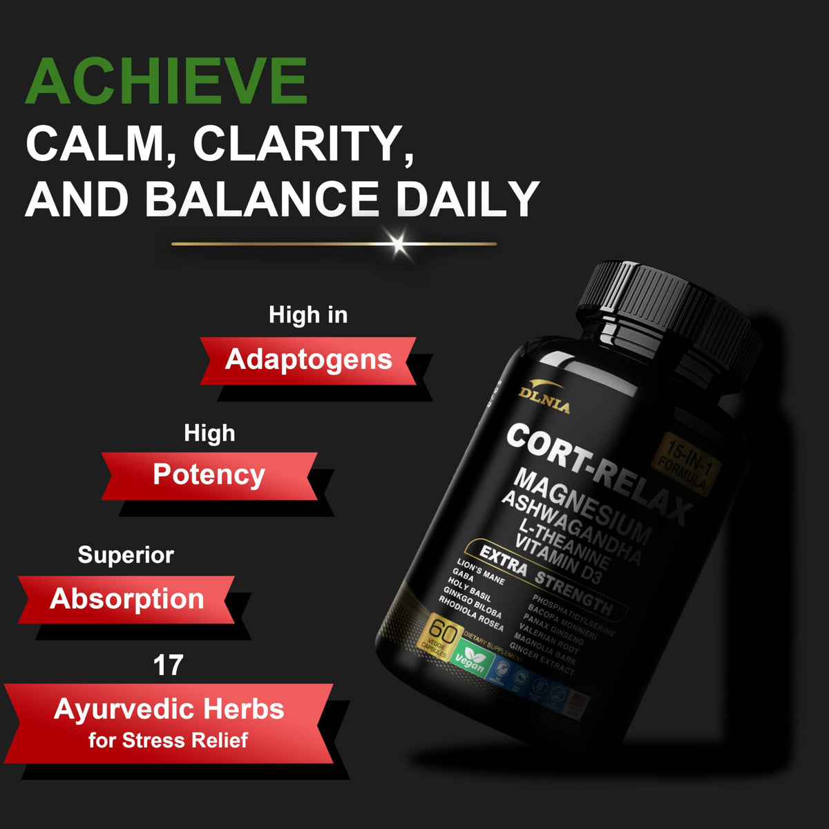 DLNIA Super Calm Cortisol Supplement with Magnesium Glycinate, Ashwagandha KSM-66, L-Theanine, Phosphatidylserine, Ginkgo Biloba & Lions Mane for Calm, Focus, Mental Clarity, Relaxation, Sleep, Energy DLNIABuy Supplements Australia