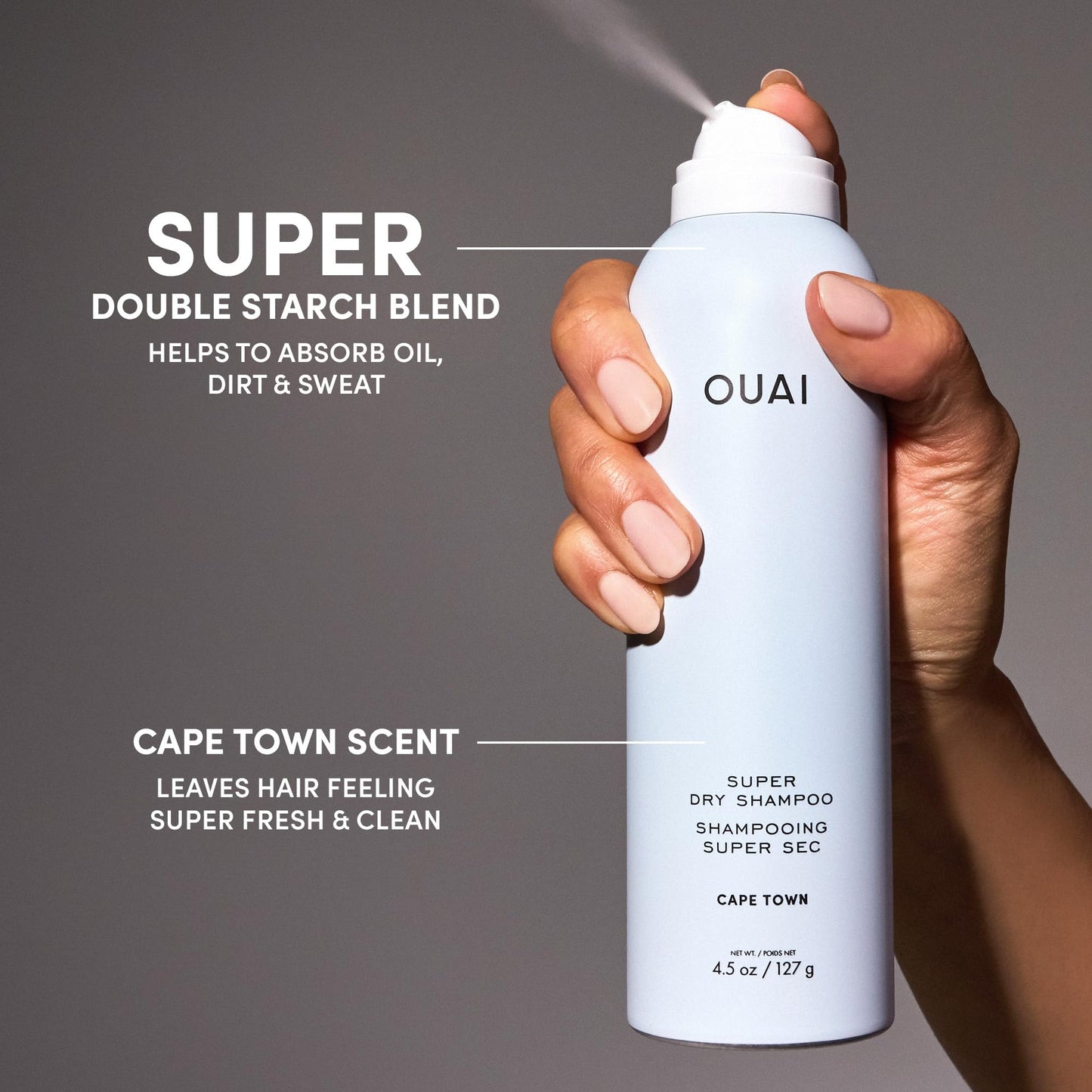 OUAI Super Dry Shampoo - Volumizing Dry Shampoo - Absorbs Oil, Dirt & Sweat - Blends Seamlessly into Hair with Zero Residue & Enriched with a Long-Lasting Scent - Cape Town (4.5 oz) OUAIBuy Supplements Australia