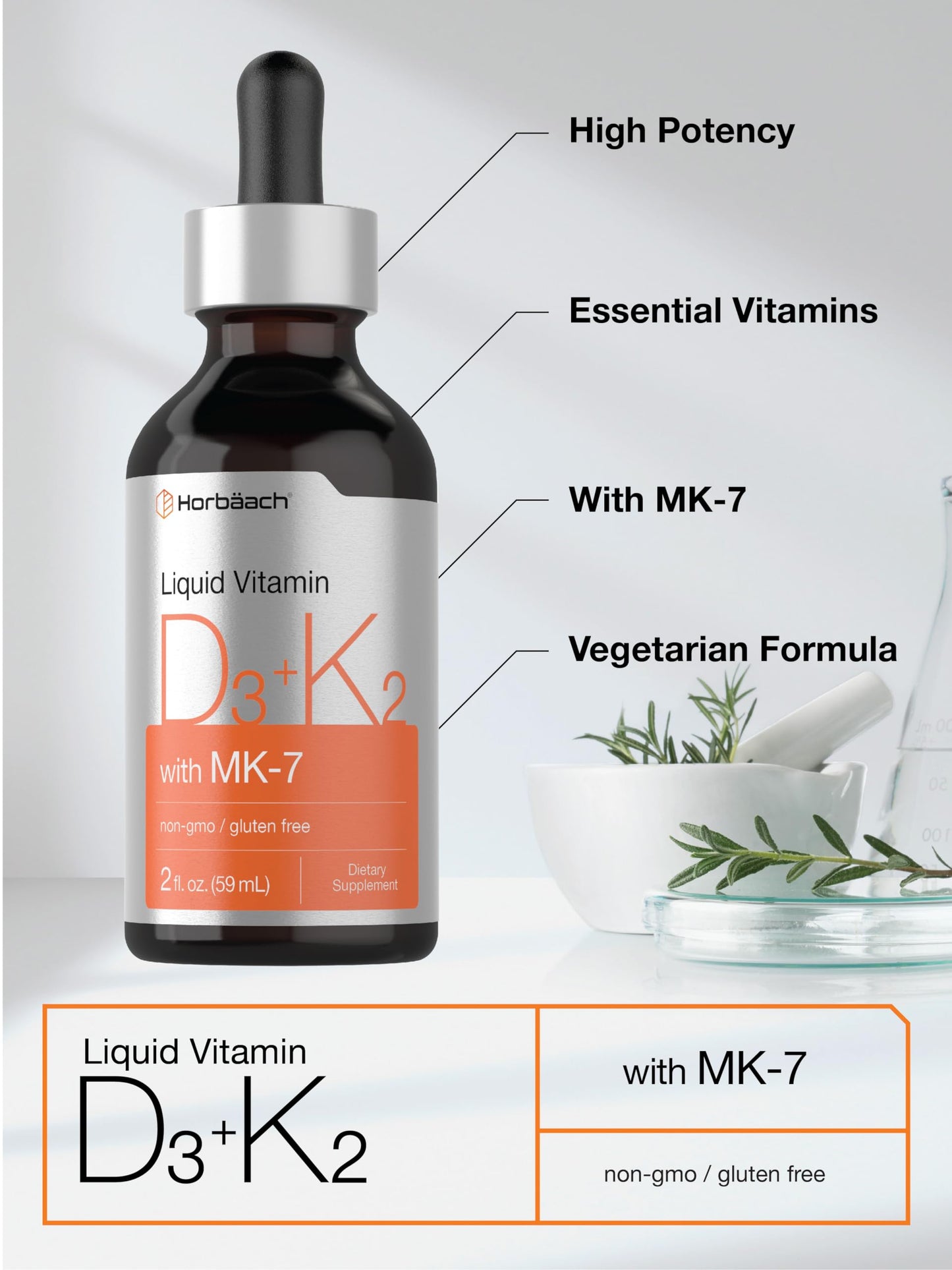 Horbäach Vitamin D3 + K2 Liquid Drops | with MK7 | 2 Fl Oz | Vegetarian | Non-GMO HorbäachBuy Supplements Australia