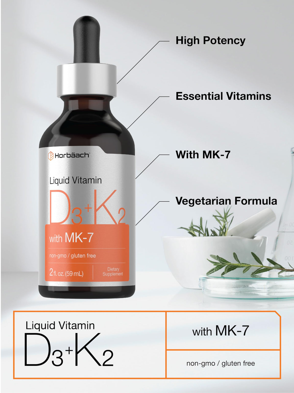 Horbäach Vitamin D3 + K2 Liquid Drops | with MK7 | 2 Fl Oz | Vegetarian | Non-GMO HorbäachBuy Supplements Australia