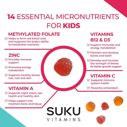 SUKU The Complete Kids Multivitamin Gummies – Vitamins A, C, D, E, B6, B12, Folate & Zinc – Immune Support SUKU