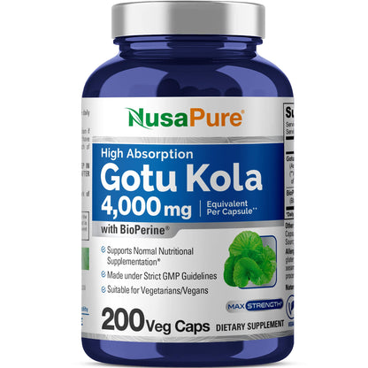 NusaPure Gotu Kola Capsules 20:1 Extract, 200 mg Equivalent to 4000mg Per Veggie Caps, 200 Count, Non-GMO, Vegan, Bioperine - Traditional Herb Extract NusaPureBuy Supplements Australia