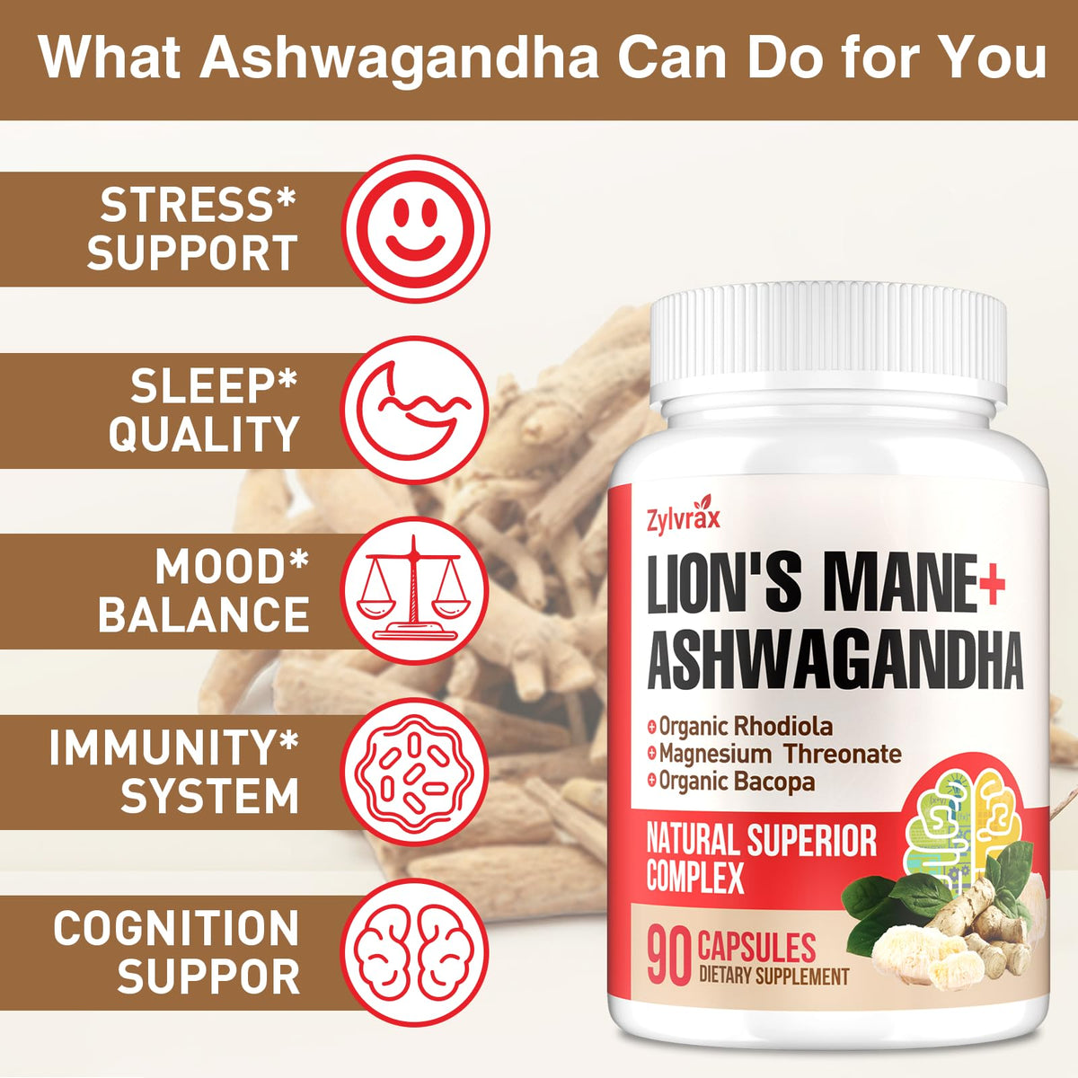 Ashwagandha & Lions Mane Supplements Capsules, Brain Supplements for Memory and Focus, Ashwagandha with Rhodiola Rosea for Cognitive, Immune Support, Cortisol Supplements for Women, 90 Capsules ZylvraxBuy Supplements Australia