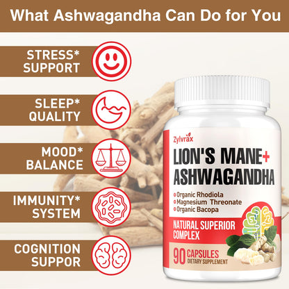 Ashwagandha & Lions Mane Supplements Capsules, Brain Supplements for Memory and Focus, Ashwagandha with Rhodiola Rosea for Cognitive, Immune Support, Cortisol Supplements for Women, 90 Capsules ZylvraxBuy Supplements Australia