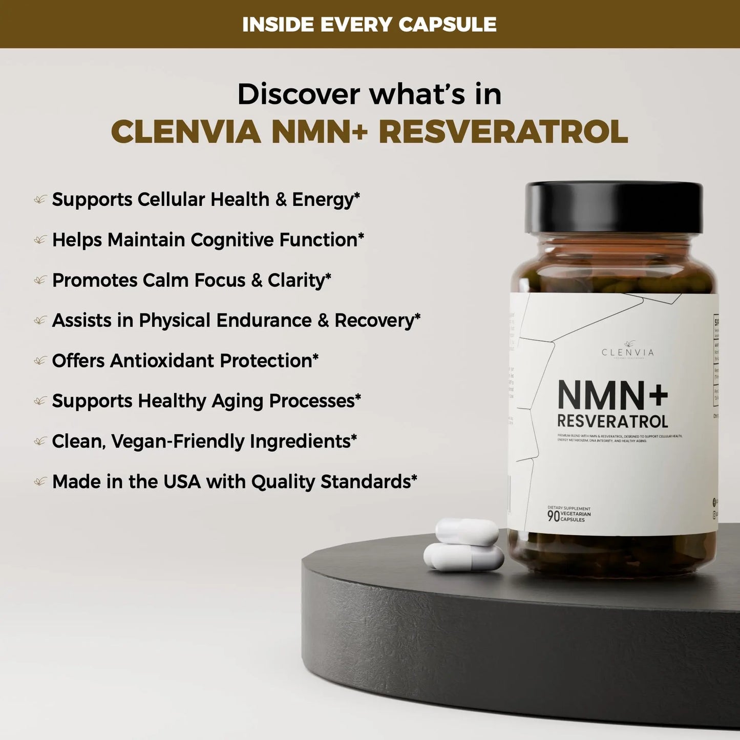 CLENVIA Premium NMN Supplement with Resveratrol – High Potency NAD+ Support Formula – >99.7% Purity – Third-Party Tested – Made in USA – 500mg Nicotinamide + 100mg Resveratrol – 90 Capsules CLENVIABuy Supplements Australia