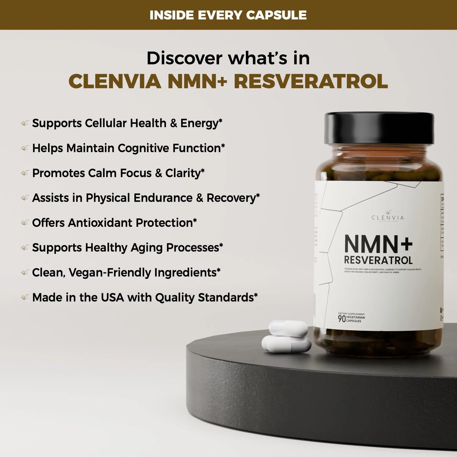 CLENVIA Premium NMN Supplement with Resveratrol – High Potency NAD+ Support Formula – >99.7% Purity – Third-Party Tested – Made in USA – 500mg Nicotinamide + 100mg Resveratrol – 90 Capsules CLENVIABuy Supplements Australia