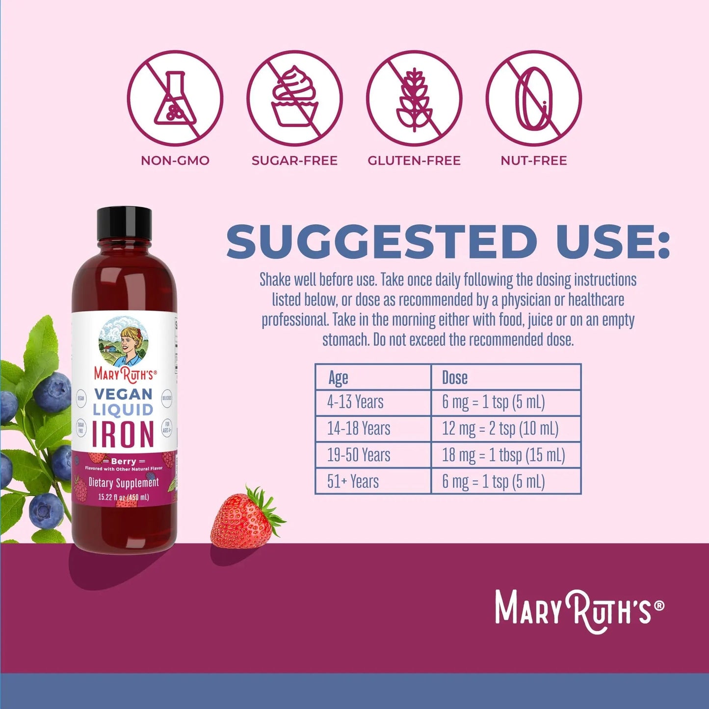 MaryRuth's MaryRuth's Liquid Morning Multivitamin +Hair Growth (Peach Mango, 15.22oz) & Iron Liquid (Berry) | Clean Label Project Verified® | MARYRUTH'SBuy Supplements Australia
