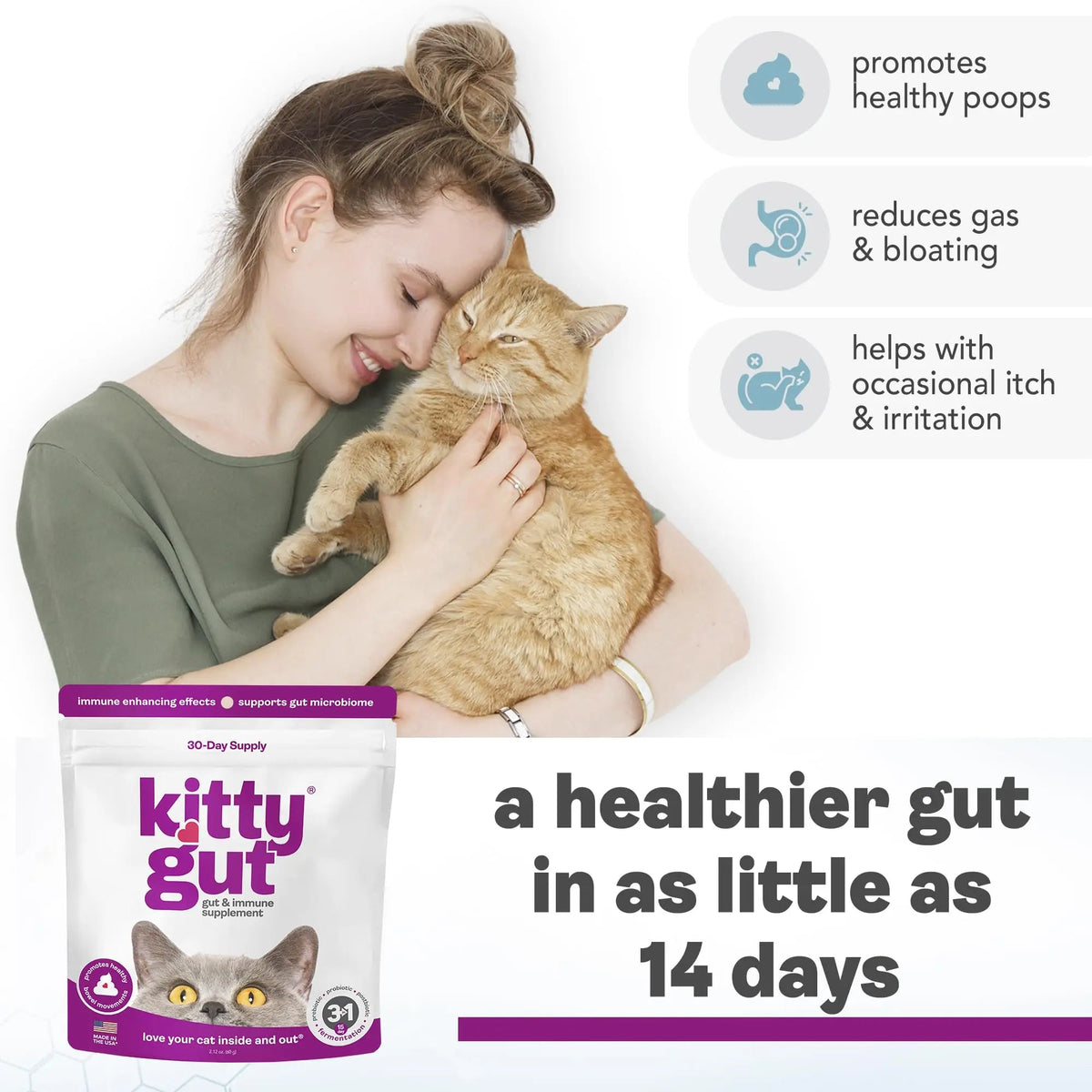 KittyGut 3-in-1 Organic Cat Probiotics & Postbiotic Supplement Powder- Made in USA-Probiotics for Cats Promote Gut Health and Cat Digestive Support, Diarrhea and Vomiting (60g) MUTTGUTBuy Supplements Australia