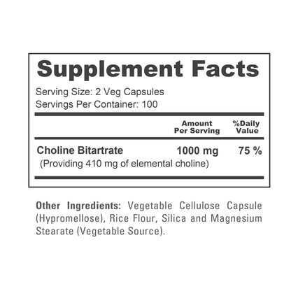 NusaPure Choline Bitartrate - Suitable for Vegetarian/Vegan, Non - GMO - 1000 mg 200 Capsules NusaPureBuy Supplements Australia