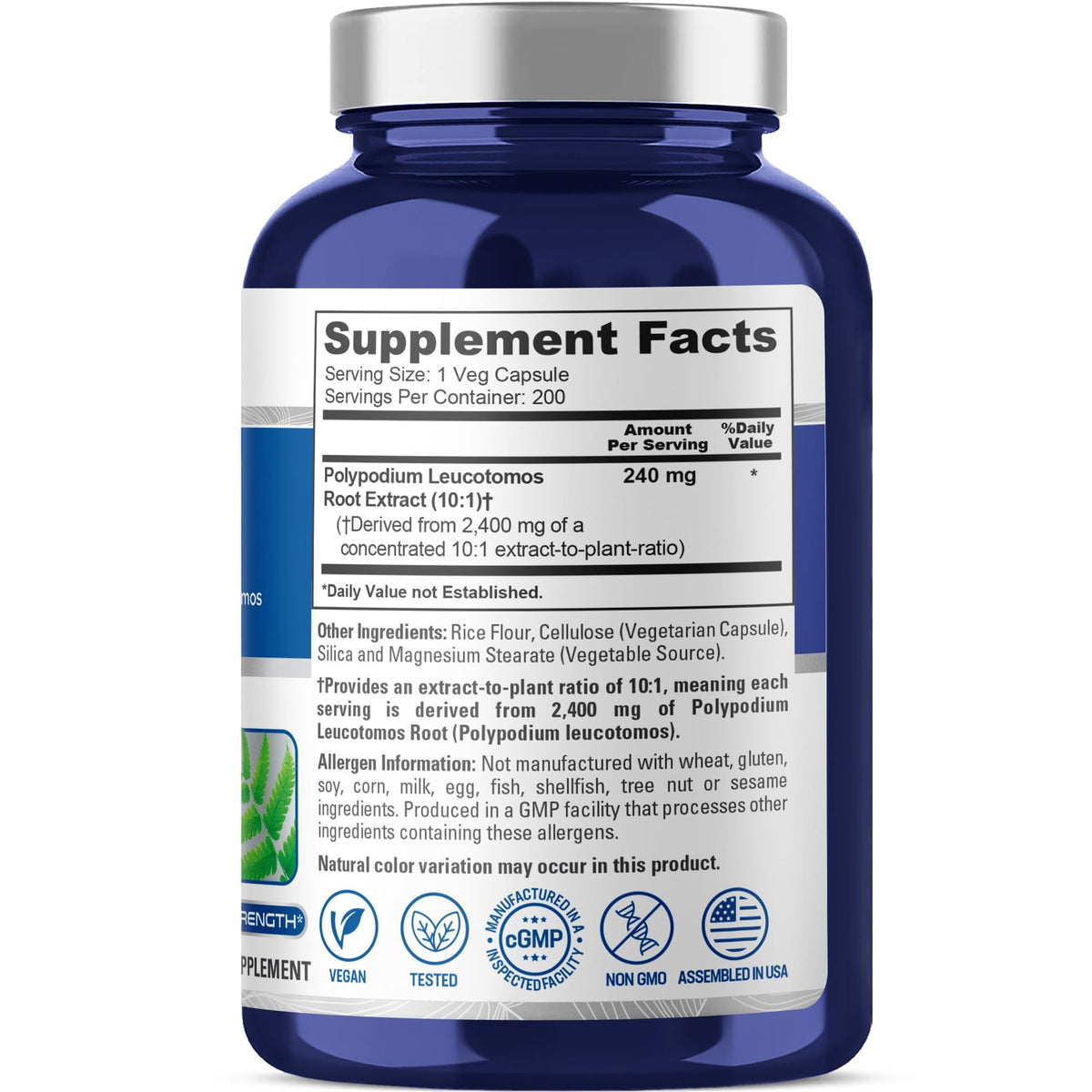 NusaPure Polypodium Leucotomos 10:1 Extract, 240 mg Equivalent to 2400mg 200 Veggie Capsules (Vegetarian, Non-GMO, Vegan) NusaPureBuy Supplements Australia