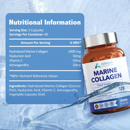 Marine Collagen Supplements for Women Men 2000mg 120 Capsules Hyaluronic Acid, Vitamin C, Vitamin E, & Ashwagandha AoruiliaBuy Supplements Australia