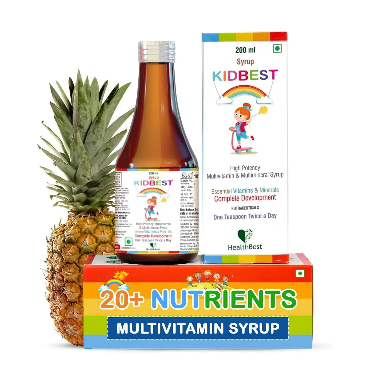 Kidbest Multivitamin Syrup for Kids 3-13 Years – Liquid Formula with 20 Nutrients for Appetite, Immunity, and Growth – Tasty Daily Vitamins HealthBest