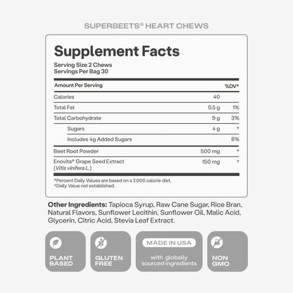 Humann SuperBeets Heart Chews, Beet Root Powder Support Energy Supplement, Nitric Oxide and Blood Pressure Support, Grape Seed Extract & Non-GMO
