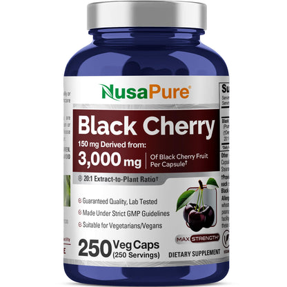 NusaPure Black Cherry Extract 20:1 - Suitable for Vegetarian/Vegan, Non - GMO - 3,000mg 250 Capsules NusaPureBuy Supplements Australia