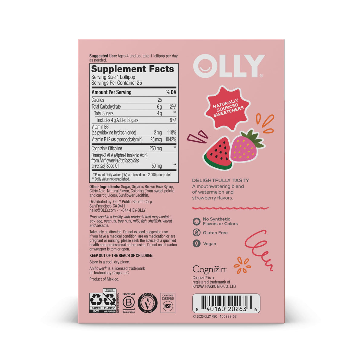 OLLY Focus Buddies L’OLLY Pops, Cognizin, Vitamins B6 and B12, Omega-3 ALA, Supports Focused Attention and Healthy Brain Function,* Kids 4+ Dietary Supplement, Watermelon Strawberry Flavored, 25 Count OLLYBuy Supplements Australia