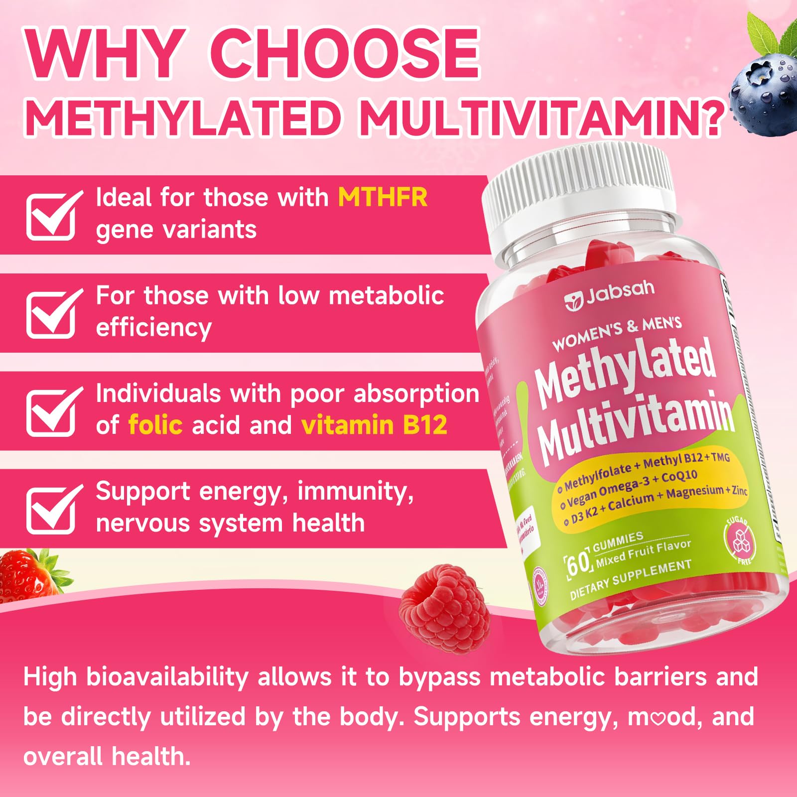 Methylated Vitamin B Complex Gummies for Women & Men, Multivitanins Gummy with Vitamin A, C ,E, Methylfolate & B12, TMG, Calcium, D3 K2 JabsahBuy Supplements Australia