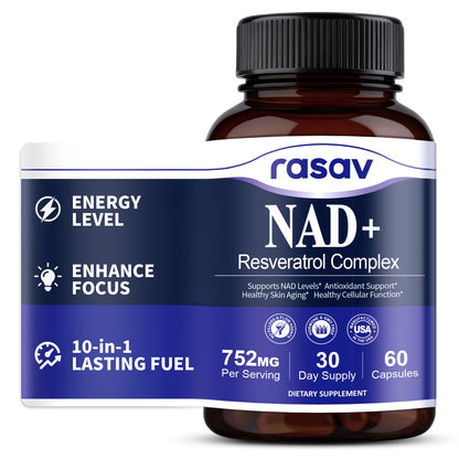 Supplement bottle labeled 'rasav NAD+ Resveratrol Complex' on a white background
