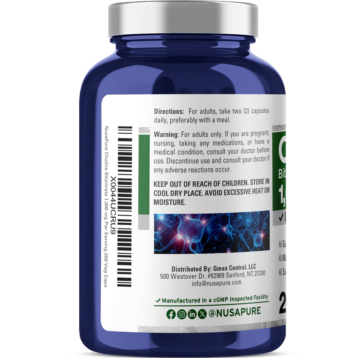 NusaPure Choline Bitartrate - Suitable for Vegetarian/Vegan, Non - GMO - 1000 mg 200 Capsules NusaPureBuy Supplements Australia