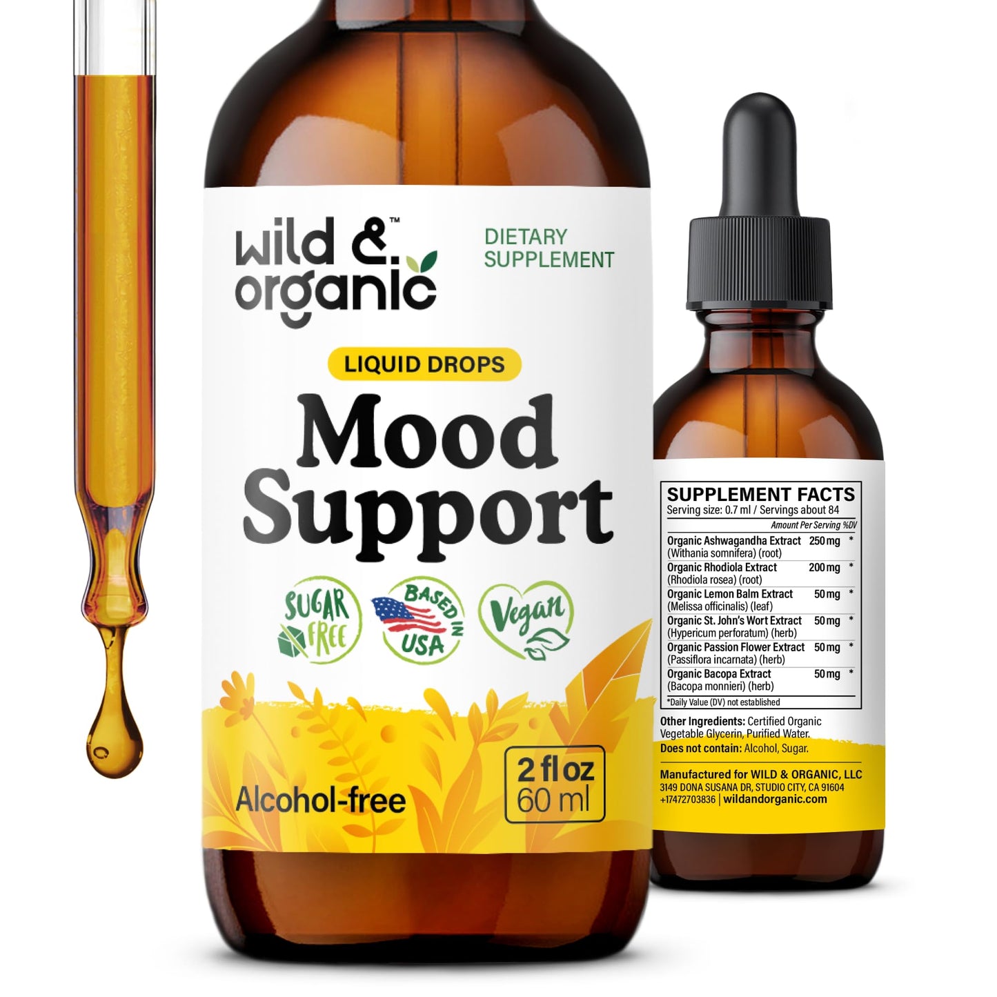 Wild & Organic Mood Support Drops - Good Mood Supplements w/Ashwagandha Root & Rhodiola Rosea - Natural Liquid Drops for Positive Energy - Calm and Relax Supplements for Women and Men - 2 oz Wild & Organic buy supplements Au
