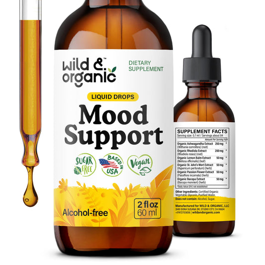 Wild & Organic Mood Support Drops - Good Mood Supplements w/Ashwagandha Root & Rhodiola Rosea - Natural Liquid Drops for Positive Energy - Calm and Relax Supplements for Women and Men - 2 oz Wild & Organic buy supplements Au